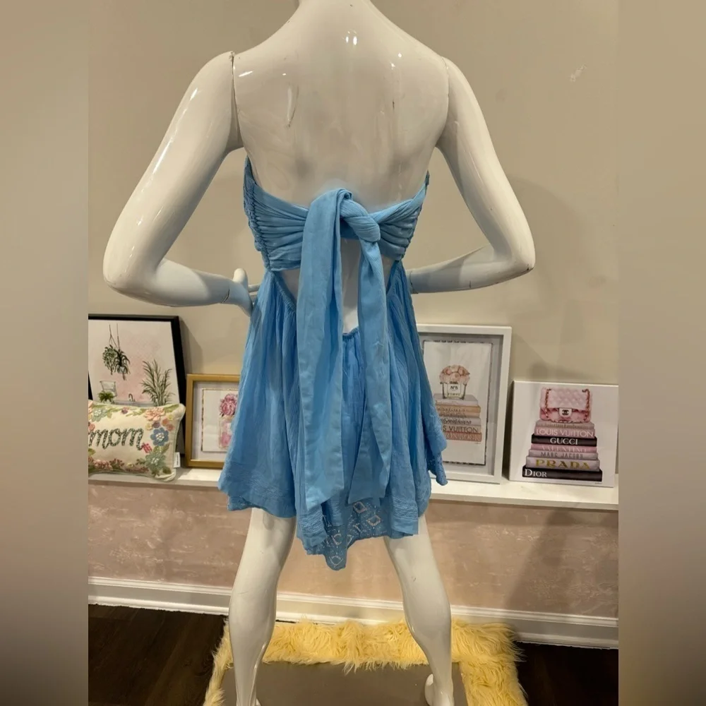 NWOT  FREE PEOPLE LACE COTTON BABY DOLL STRAPLESS BACK TIE MINI DRESS SIZE L